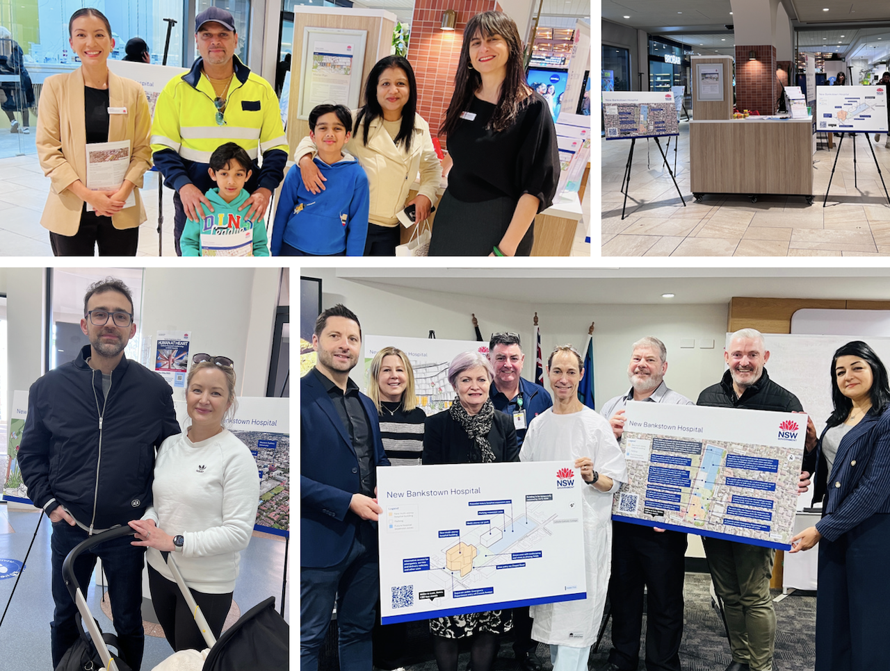 A collage of images showing smiling people with plans of the new hospital site