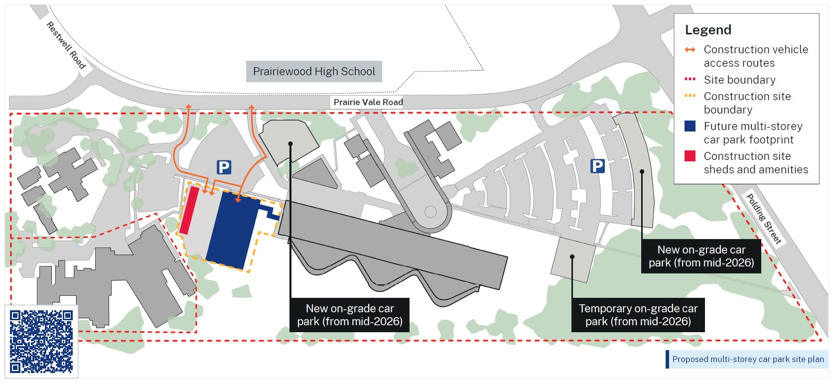 A hospital campus map showing the construction area and vehicle access routes