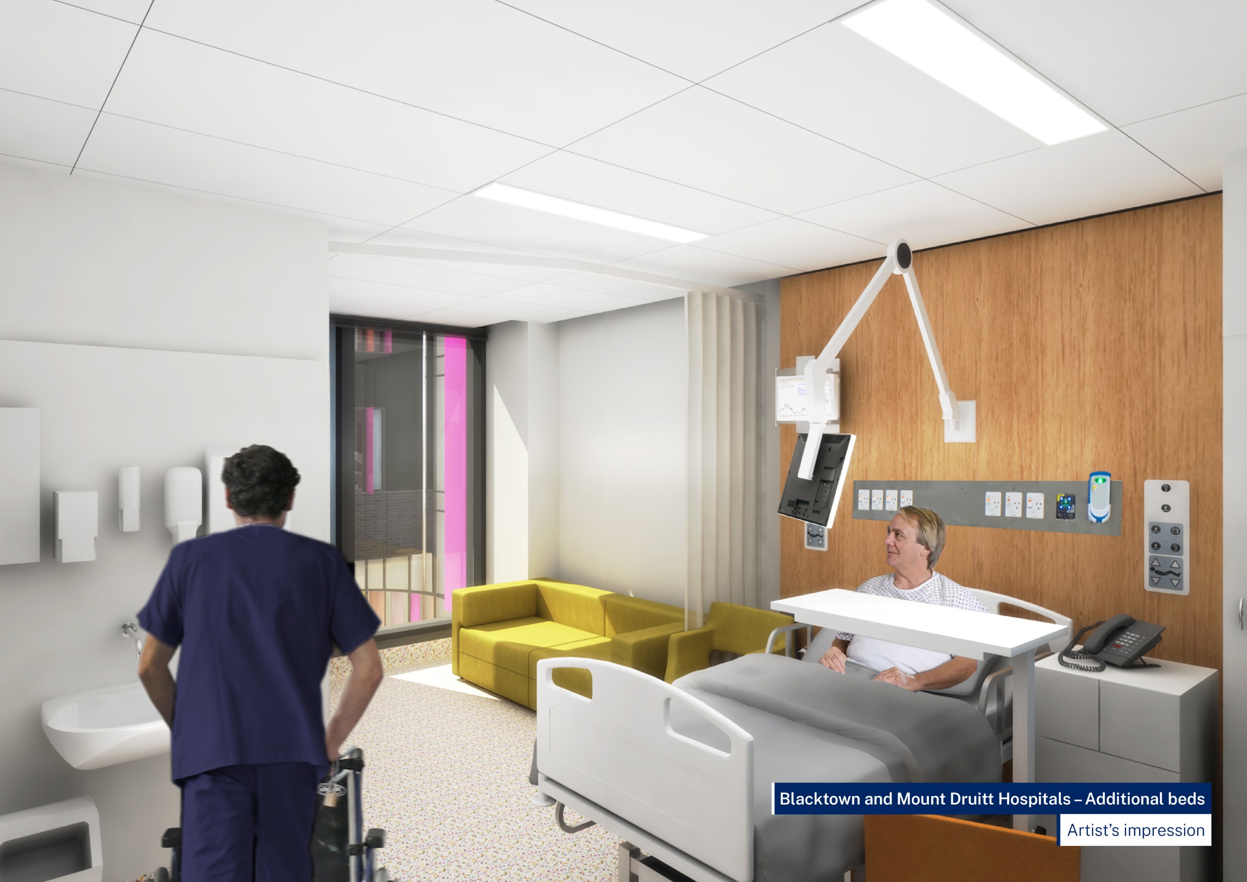 A contemporary single room at Blacktown Hospital showing a patient recovering in bed and a burse performing duties.