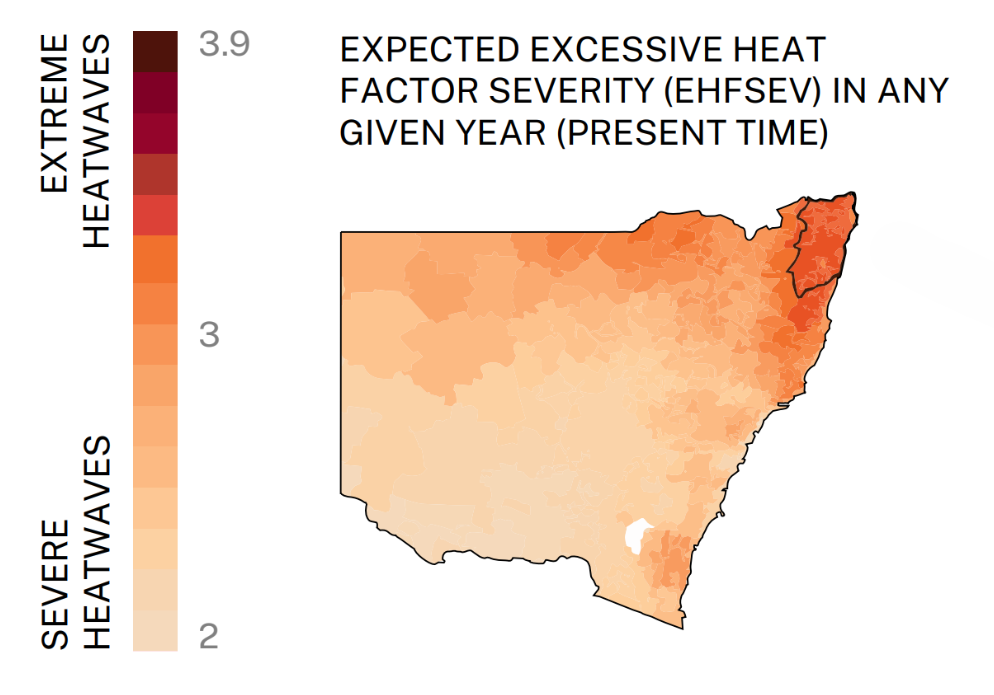 Map of New South Wales, Australia, showing expected annual heatwave severity using the Excessive Heat Factor Severity (EHFSEV) at present day. Colours range from light beige (lower severity, around 2) to dark red (very high severity, up to about 3.9), wit