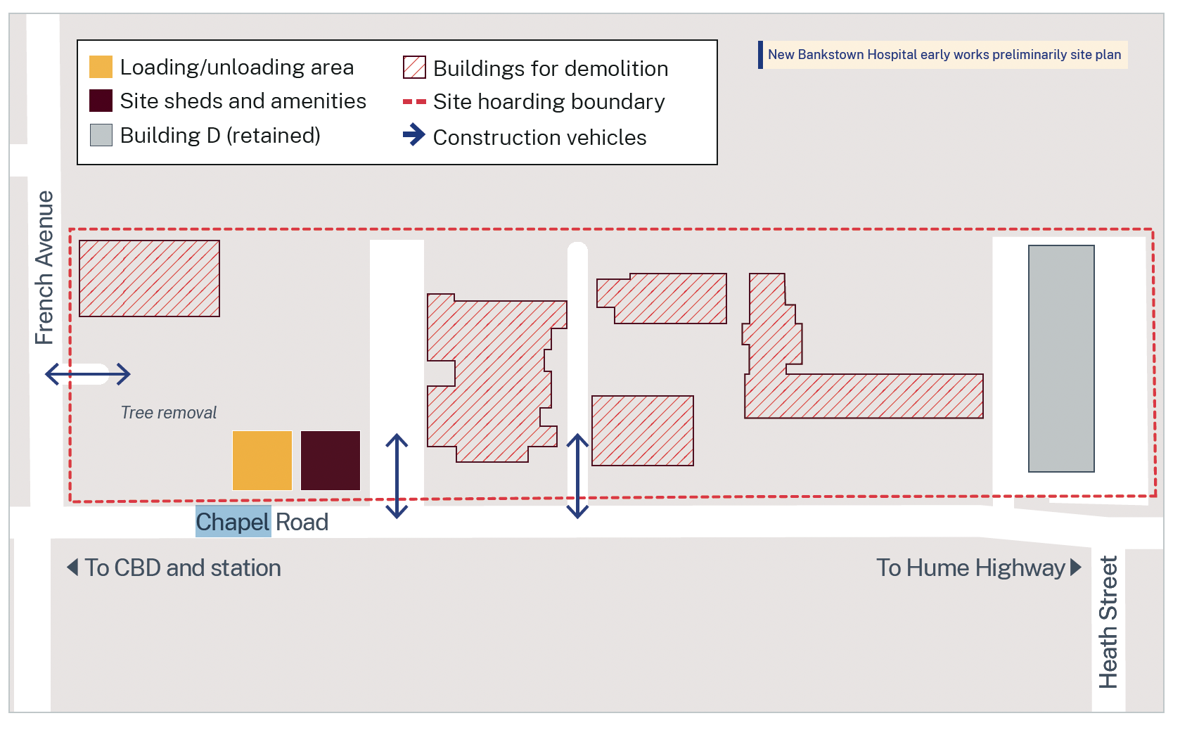 Drawing of a construction site showing where trucks will enter and equipment will be stored