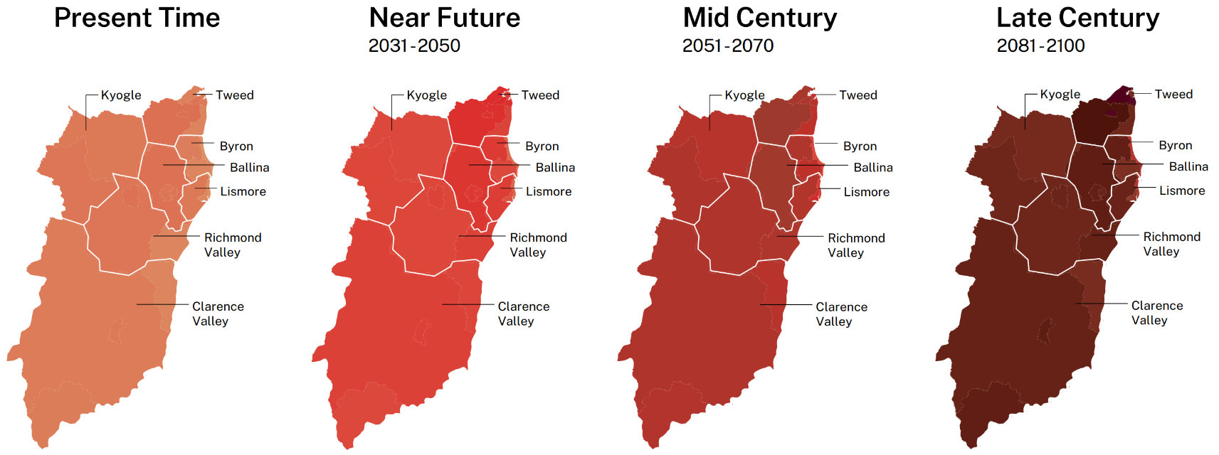 Four side-by-side maps showing projected changes in heatwave severity for the Northern Rivers region (including Kyogle, Tweed, Byron, Ballina, Lismore, Richmond Valley and Clarence Valley) at present time and three future periods. The maps use the same co