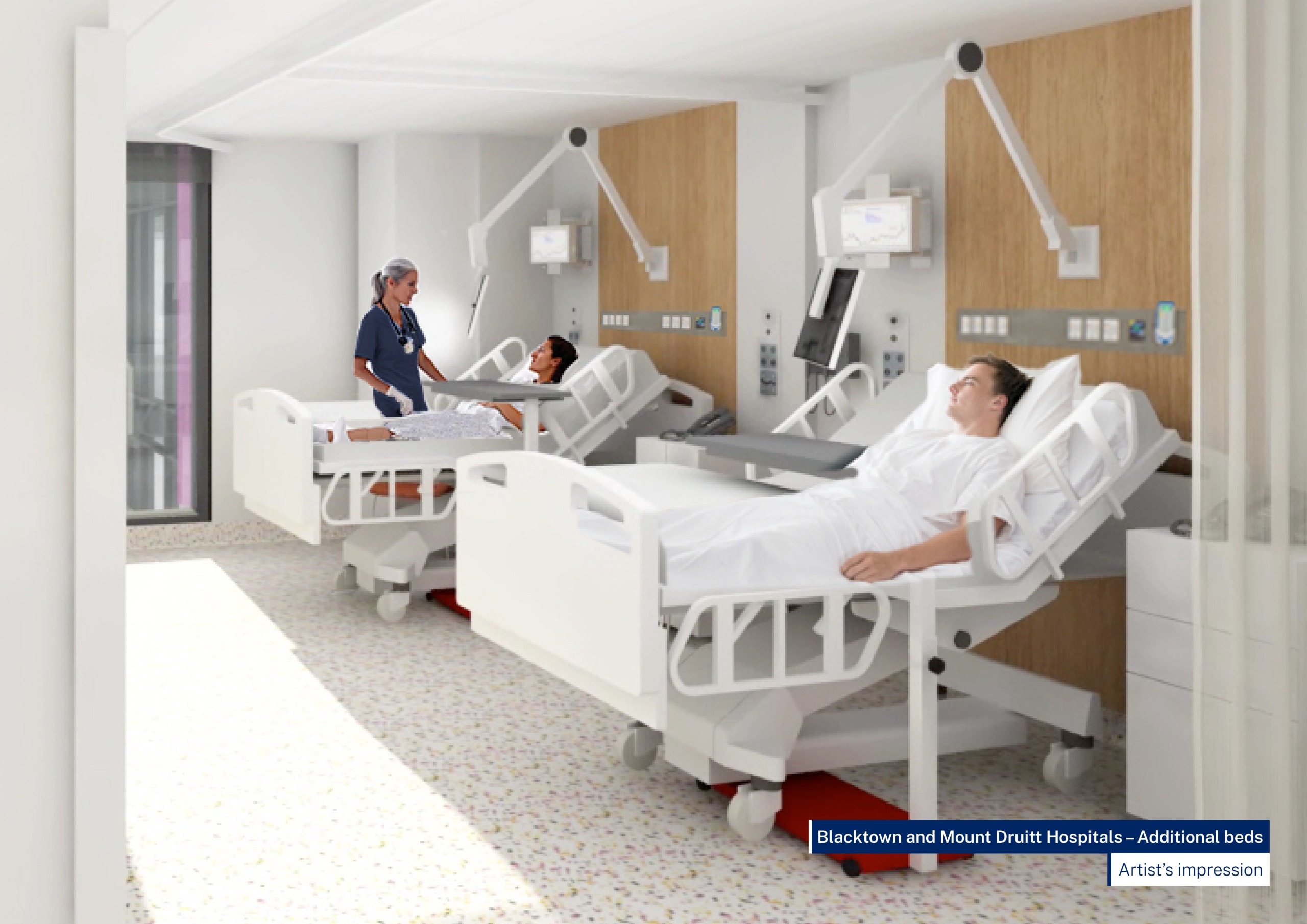 A contemporary space at Blacktown Hospital showing a double room within a new inpatient unit.