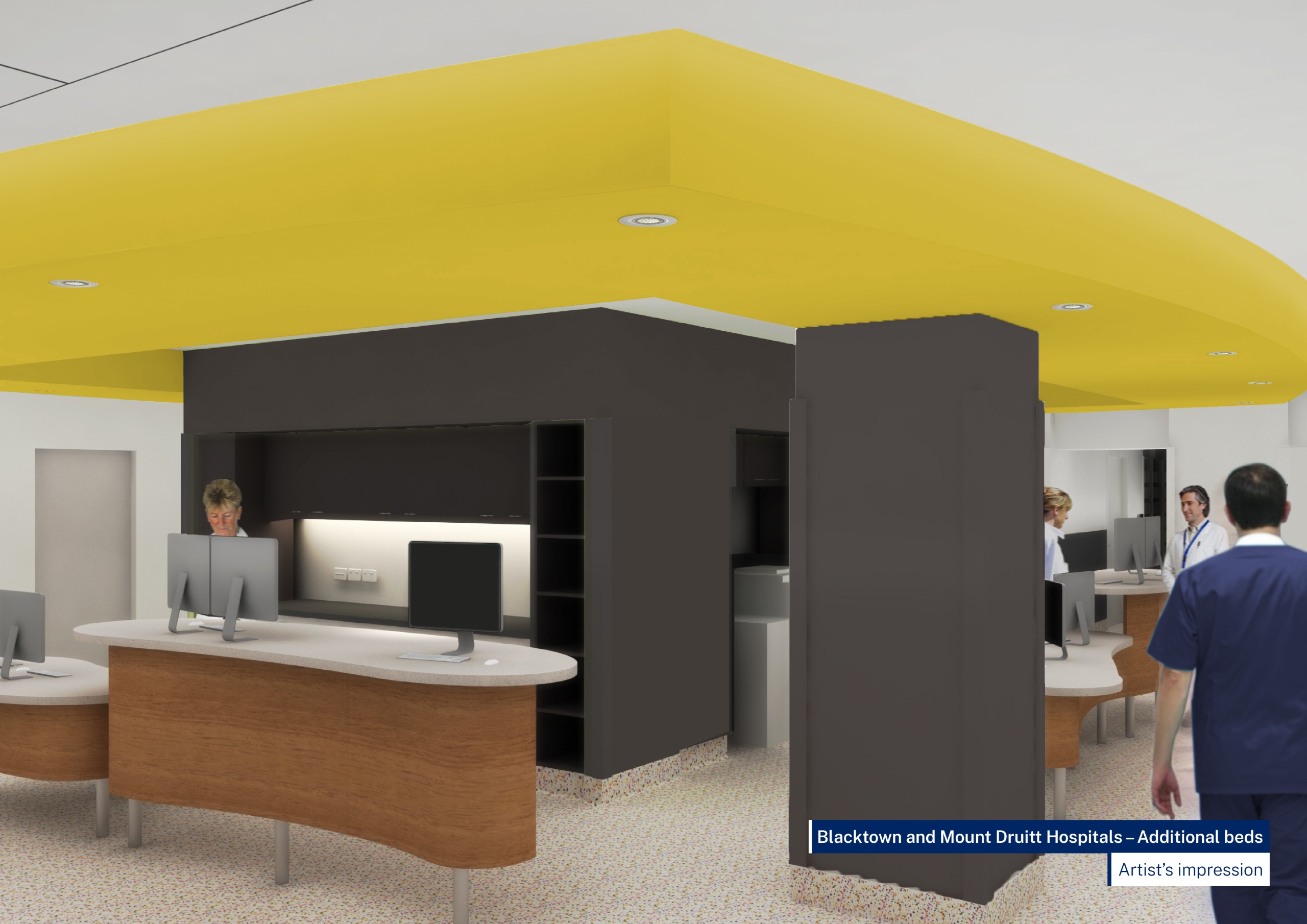 A contemporary space at Blacktown Hospital showing clinicians working within a new inpatient unit.
