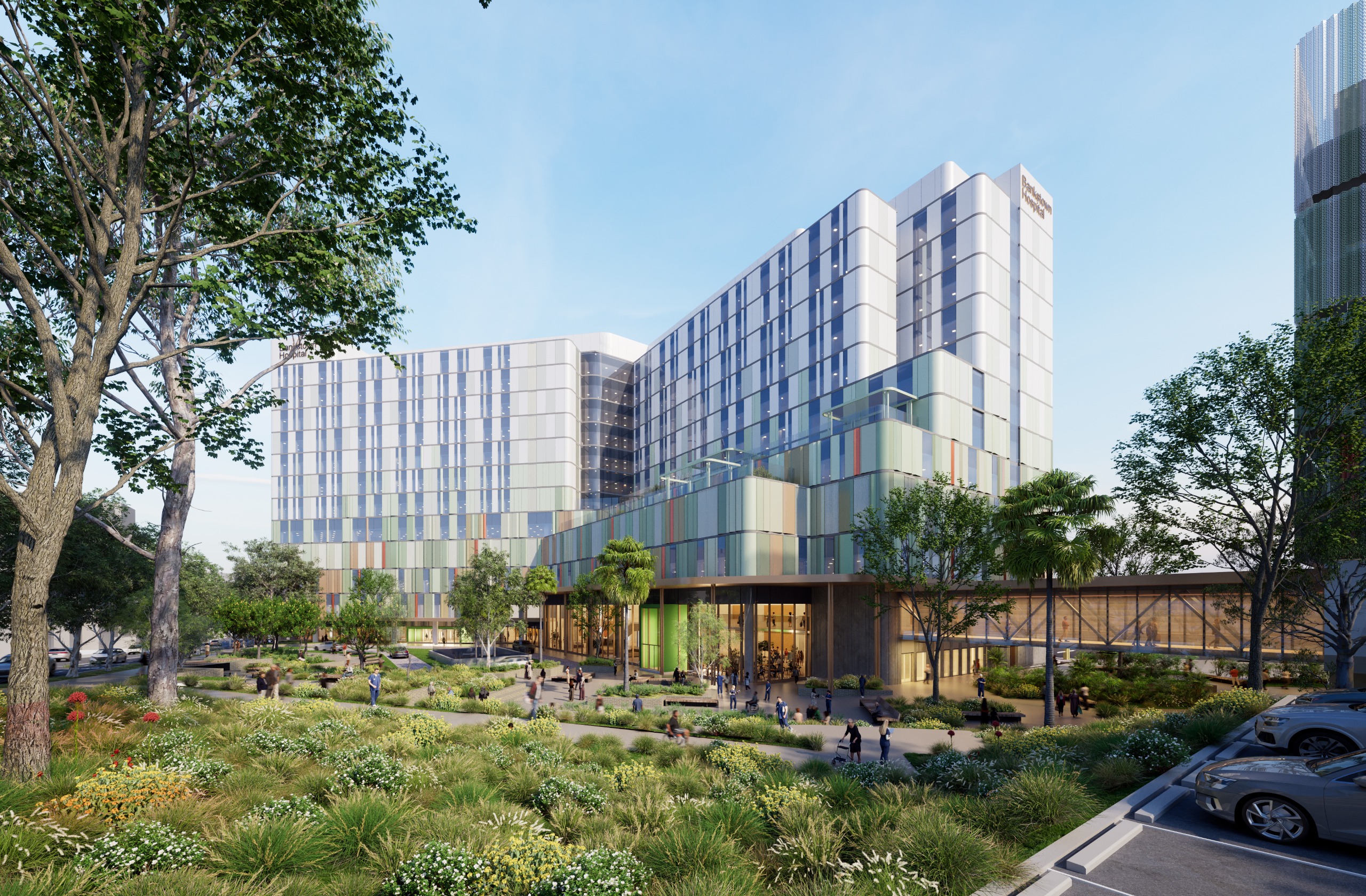Artist impression of a multi-storey building with people, trees and a plaza at street level.
