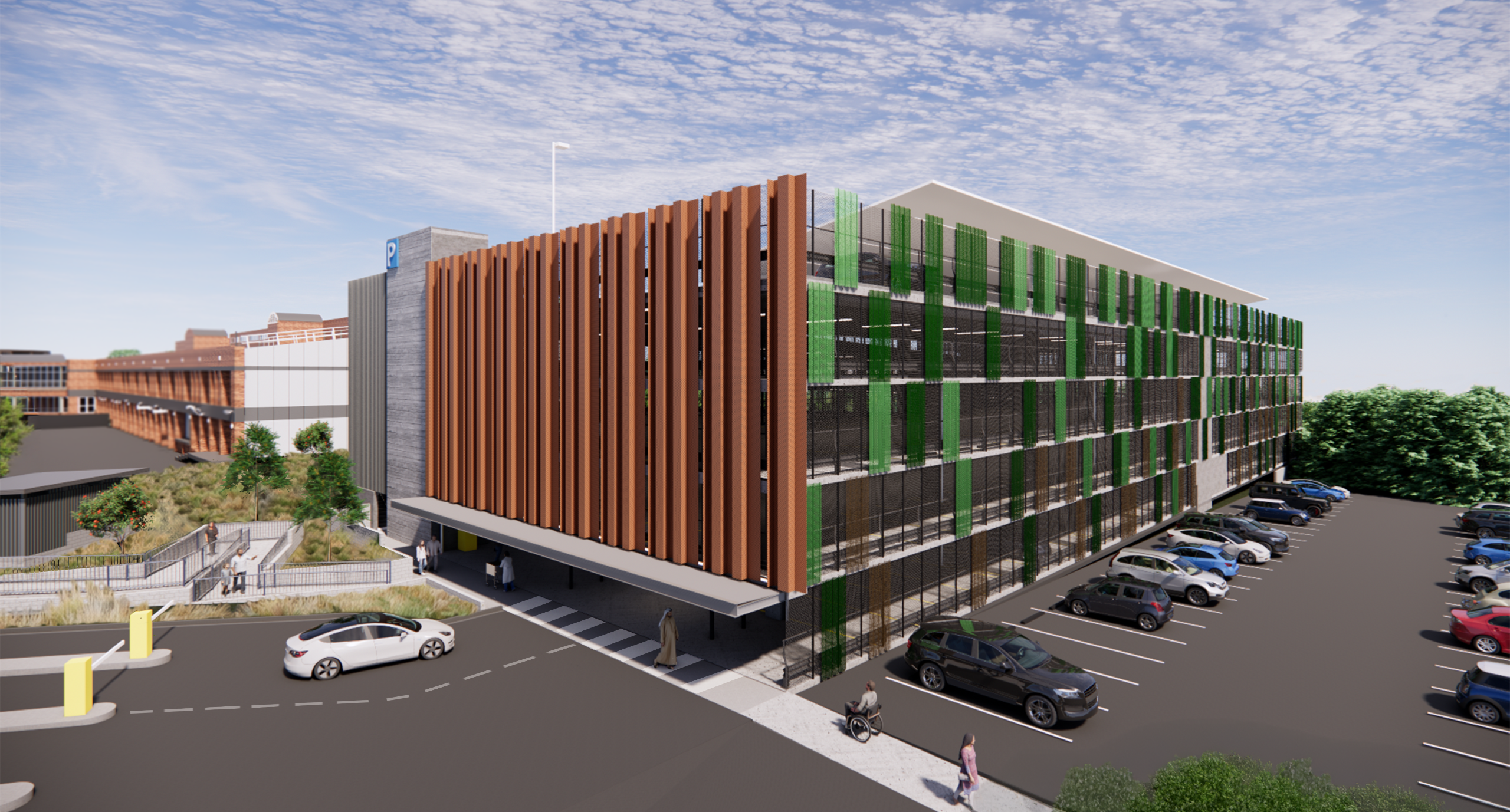 Artist's impression of the proposed multi-storey car park at Fairfield Hospital, showing two facades of the structure and highlighting the colour and materials proposed